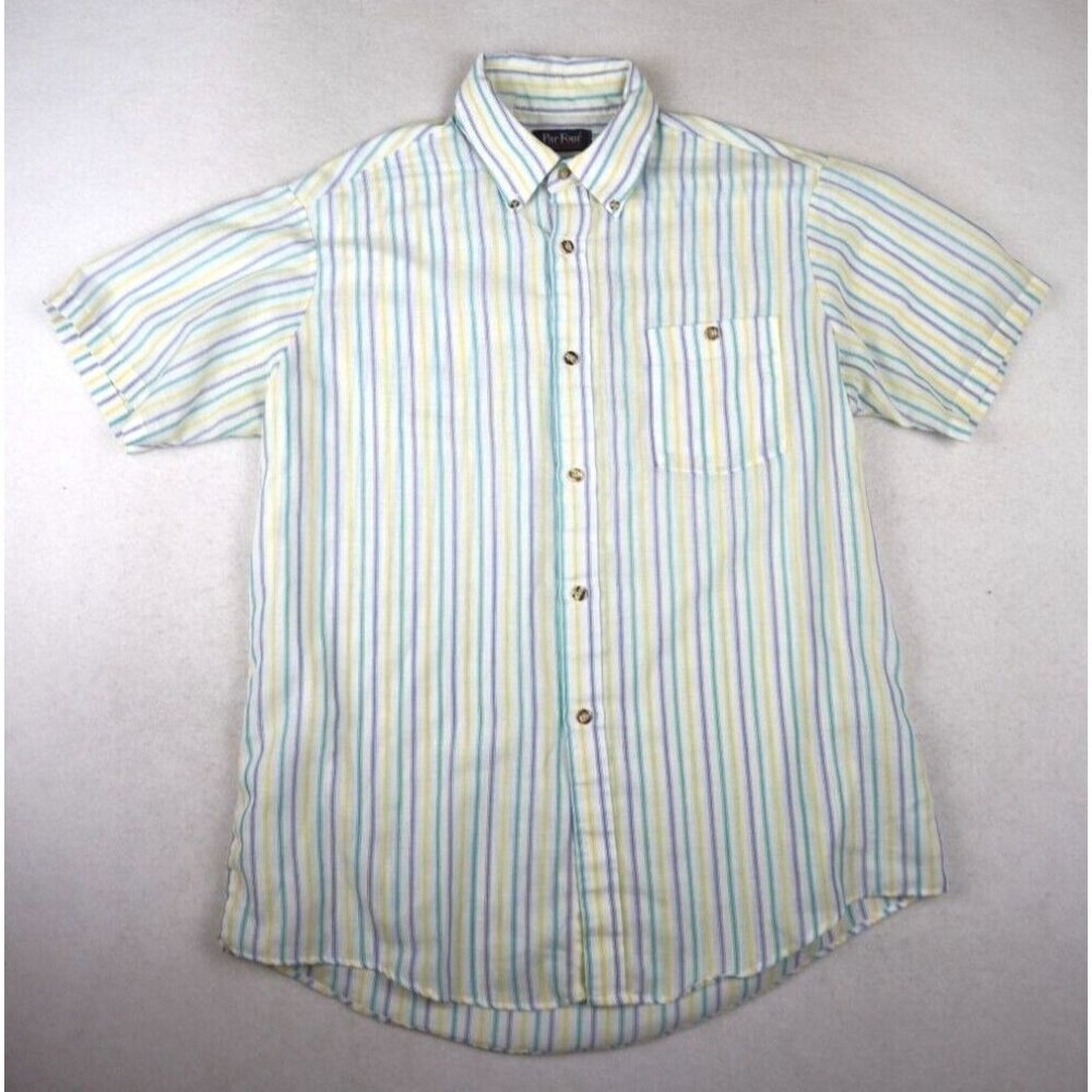 VINTAGE MEN'S GREEN BLUE YELLOW STRIPED SHORT SLEEVE BUTTON-UP PAR FOUR - L